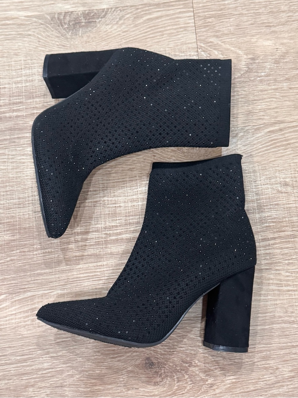 MIA Black Rhinestone Sock Booties Pointed Toe Block Heel Size 8